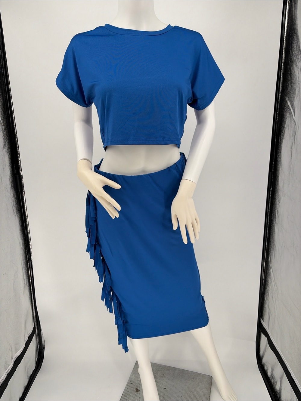 Royal Blue Midi Pencil Skirt with Side Fringe